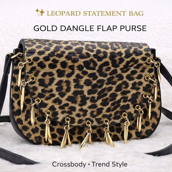 Handbags - Leopard Print Flap Bag with Gold Dangle Accents – Unbranded